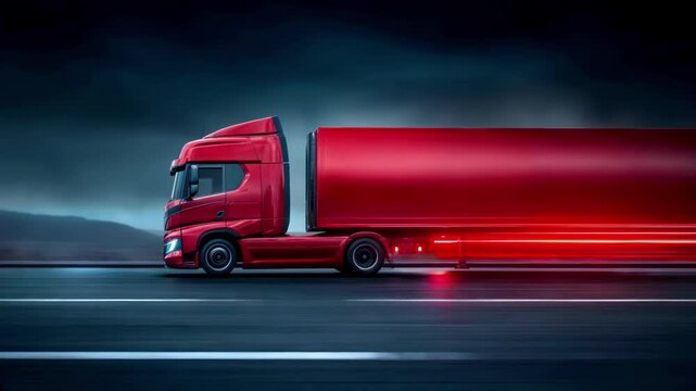 Dynamic refrigerated red truck in motion on a night highway with neon lights and trails. Logistic concept background. 3d animation