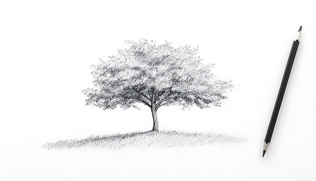 Pencil sketch of a lone tree on white paper. Simple and natural.