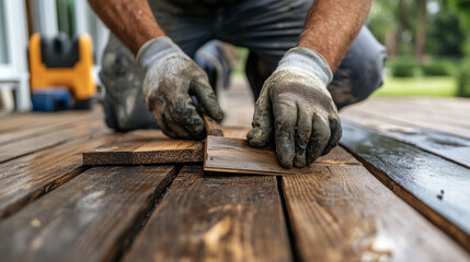 A contractor repairing a damaged deck, replacing old wooden boards with new ones.