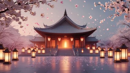 Fototapeta premium Pastel Anime Temple Surrounded by Sakura Petals and Mystical Lanterns