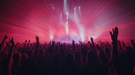 Fototapeta premium Crowd cheering at a music festival with vibrant stage lighting and colorful lasers hands raised in excitement 