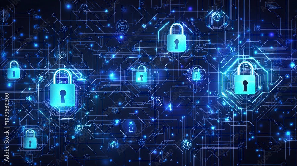 Poster digital security concept with lock and circuit patterns