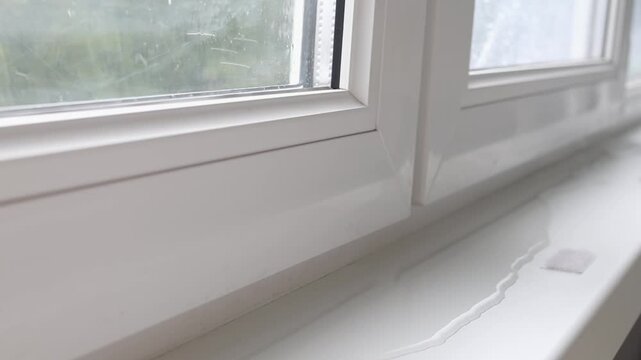 Close-up of window frame with leaking water, a puddle on the windowsill. Rainy weather