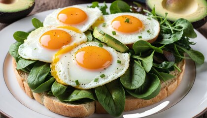 Bread with fried eggs, avocado and greens, close up view