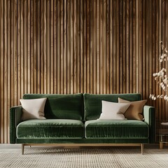 A green velvet sofa with pillows sits in front of a wooden wall. a coffee table with a white cup sits in front of the sofa. a potted plant is on the right