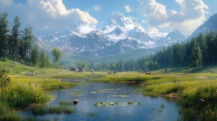 Fototapeta premium Serene mountain landscape with a tranquil river and grazing horses.