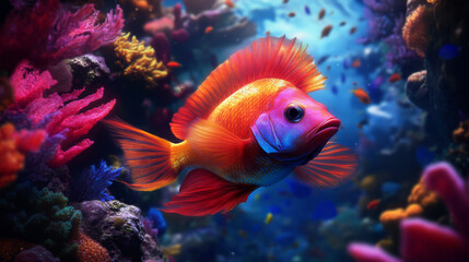 Obraz premium A fish swimming through a vibrant coral reef in an aquarium, gliding gracefully among colorful rocks and plants.
