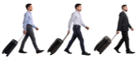 set of Motion Blur of walking Businessman Silhouettes with a Suitcase Isolated on Transparent Background PNG for Photo Scenes