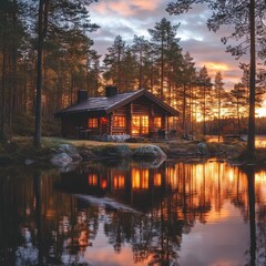 Obraz premium Finland nature photography, isolated cottage in the forest near a lake
