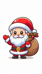 Cute Cartoon Santa Claus Waving with a Bag of Gifts
