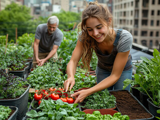 Fototapeta premium Small-scale urban farm on a rooftop with fresh produce for local community
