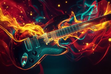 Naklejka premium sleek modern electric guitar with pulsating sound waves