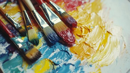 Obraz premium Vibrant Art Supplies on Palette, a display of vivid paints and brushes arranged harmoniously, capturing the essence of creativity against a pristine white canvas