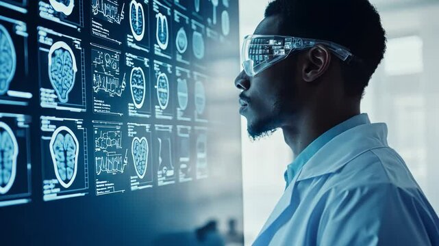 An African-American man wearing a white lab coat and glasses looks at a computer monitor showing a brain scan. A container for curiosity and scientific exploration.