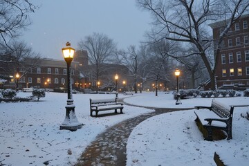 Snowfall in City Park at Twilight. AI generative