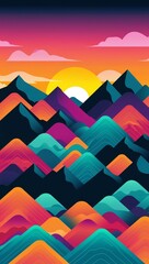 Fototapeta premium Vibrant sunset mountain landscape design in illustration background