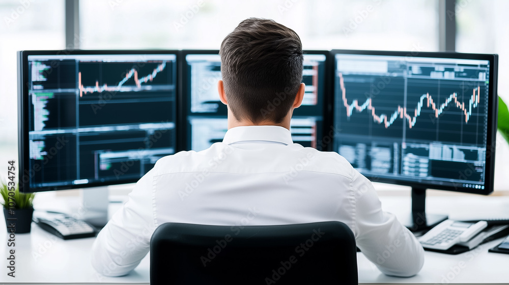 Poster a trader is focused on multiple screens displaying financial charts and data, engaged in market anal