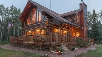 Fototapeta premium A charming log cabin with warm lights, nestled among trees, featuring a porch, American flag, and rustic design, perfect for cozy retreats.