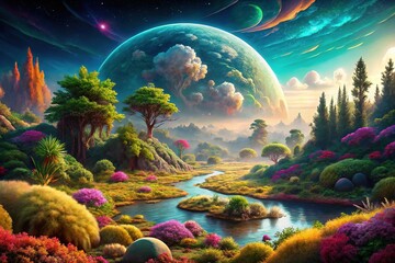 Fantastic Planet Landscape, Left-Facing Vegetation, Copy Space