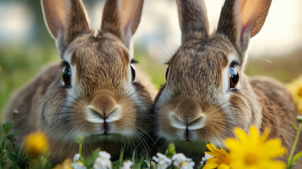 Obraz premium A pair of rabbits hopping around in a garden, exploring the grass and flowers, their noses twitching.