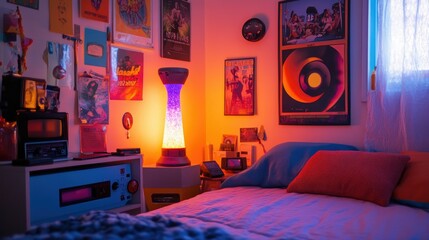 Bright 90s bedroom with lava lamp, colorful posters, VHS tapes, and fan blowing; summer light fills the space for a nostalgic retro vibe
