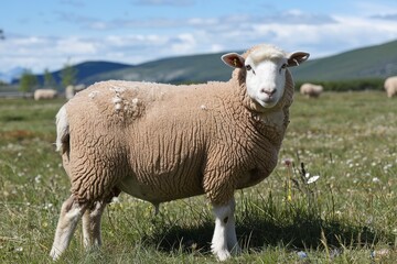 Obraz premium A fluffy brown sheep standing in a grassy field