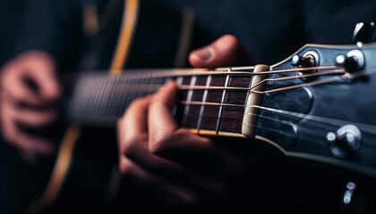 Fototapeta premium Individual playing acoustic guitar with focus on hands and strings in a dimly lit setting