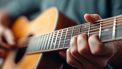 Obraz premium A musician strumming an acoustic guitar indoors during a relaxed afternoon session