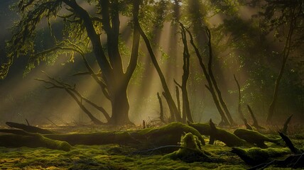 A misty morning in the woods with rays of light in the forest