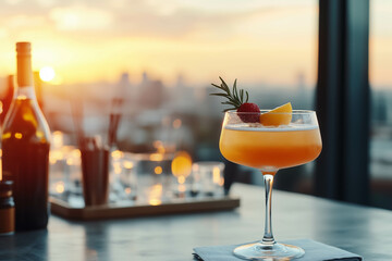 Close-up of a fancy cocktail at the rooftop bar with sunset in the background.