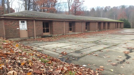 An abandoned wooden structure surrounded by autumn leaves, reflecting a desolate and nostalgic atmosphere in a rural setting.