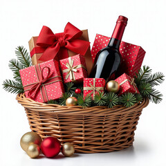 Christmas gift basket filled with assorted presents, wine, and festive treats on a white background. PNG transparent.