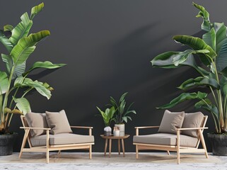 Fototapeta premium Two comfortable armchairs with cushions sit on a woven rug in a modern minimalist living room with lush tropical plants against a dark wall with vertical wood paneling
