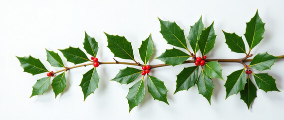 Close-up of holly leaves with red berries on a white background.