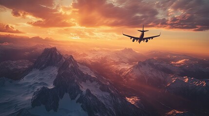 Fototapeta na wymiar Plane flying over sunset-lit mountains, symbolizing the endless possibilities of world travel and new experiences