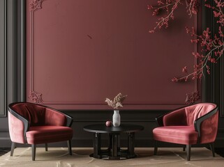 Two red velvet armchairs and a round black coffee table in front of a textured red wall. with a small plant arrangement in a blue vase