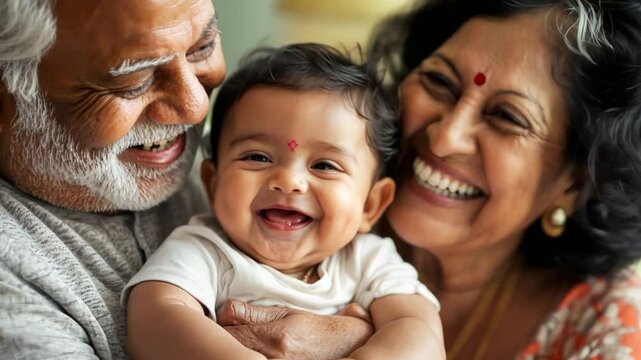 The baby smiled and was held by an older Indian couple. The concept of warmth and love between generations