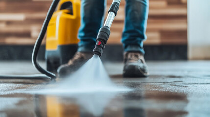 Fototapeta premium A person using a pressure washer to clean the exterior of a home, removing dirt and grime.