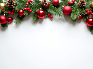 Christmas garland with red and gold baubles, berries, and pinecones on a white background.