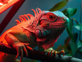Fototapeta premium A pet iguana climbing on a branch in its terrarium, basking in the warmth of the heat lamp.