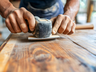 A person using a power sander to smooth rough edges on a wooden piece of furniture during a renovation project.