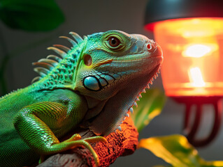 Fototapeta premium A pet iguana climbing on a branch in its terrarium, basking in the warmth of the heat lamp.