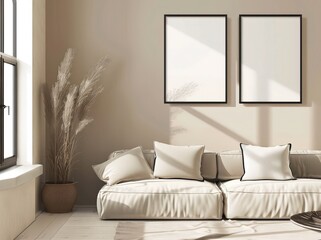A minimalist living room interior with a grey sofa. two framed pictures. a window. a vase with flowers. and a coffee table