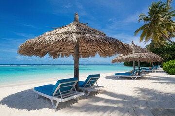 A tropical beach with a thatched umbrella and blue lounge chairs overlooking a turquoise ocean under a clear blue sky