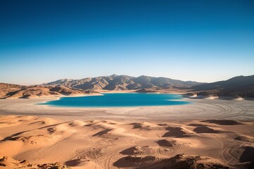 A vast desert landscape with a large turquoise lake surrounded by rugged mountains in the background under a clear blue sky
