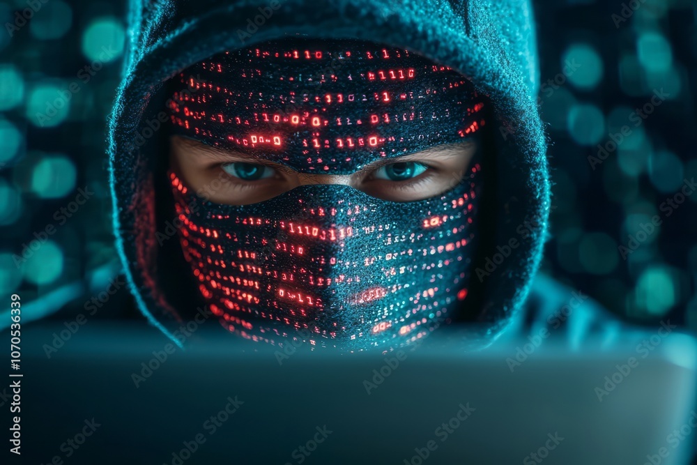 Poster mysterious hacker in a hoodie working on a laptop surrounded by glowing binary code