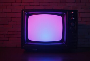 A retro television set with a neon pink and blue glow against a brick wall background