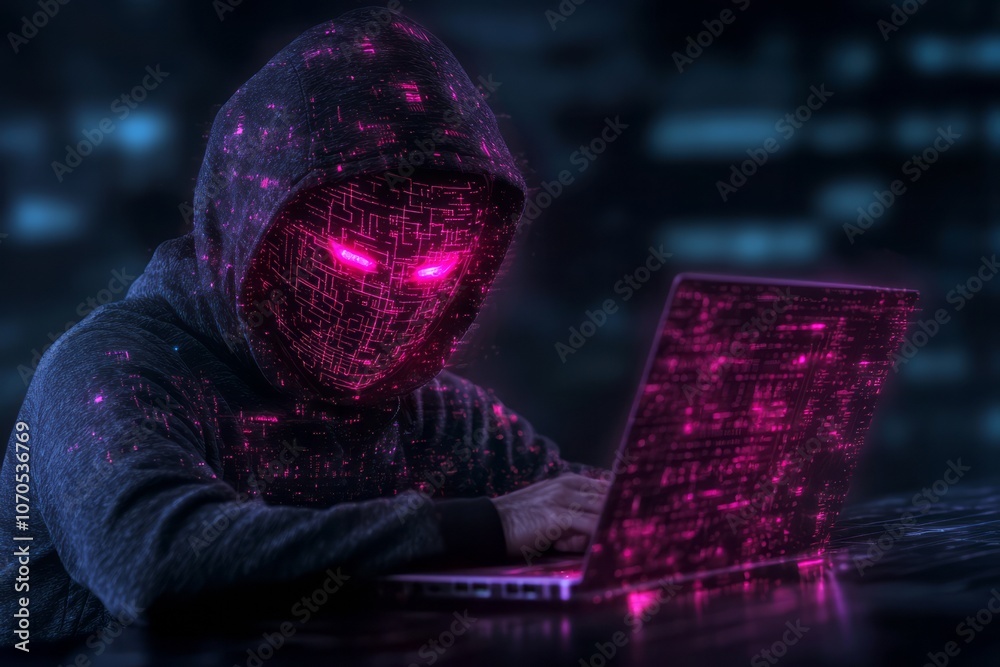 Poster mysterious hooded figure coding in a dark environment with glowing neon patterns