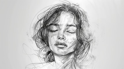 Fototapeta premium A detailed sketch features a woman with closed eyes and tousled hair, embodying serenity and introspection, captured in a soft, artistic manner with intricate lines