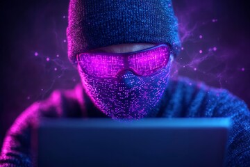 Mysterious figure in hooded sweater and sunglasses engages in online activity at night